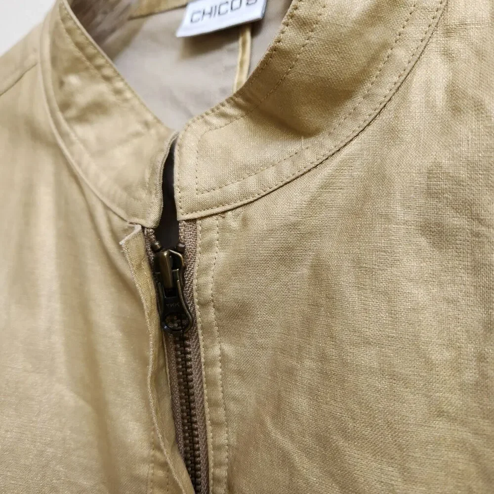 Chicos Jacket Women's 3 Gold Metallic Linen Full Zip Classic Career Evening Chic